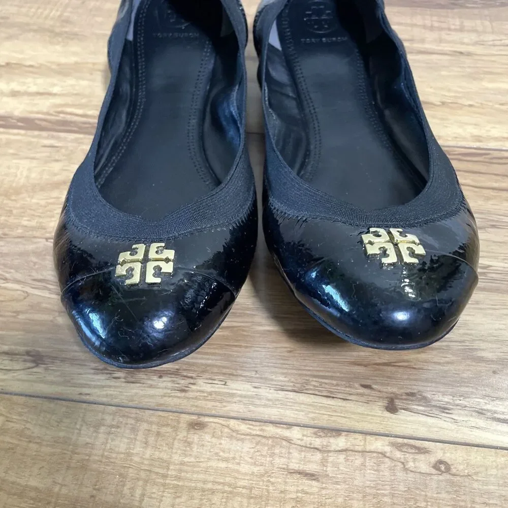 Tory Burch Jolie 10.5 M Black Patent Leather Cap Toe Stretch Ballet Flats Shoes